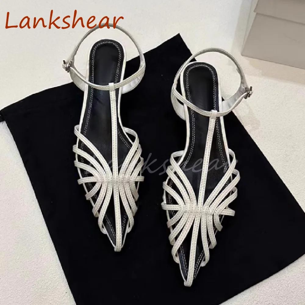 Women Pointed Toe Cross Tied Sandals Solid Fashion Niche Design Summer Slingback Buckle Strap Hollow Shoes