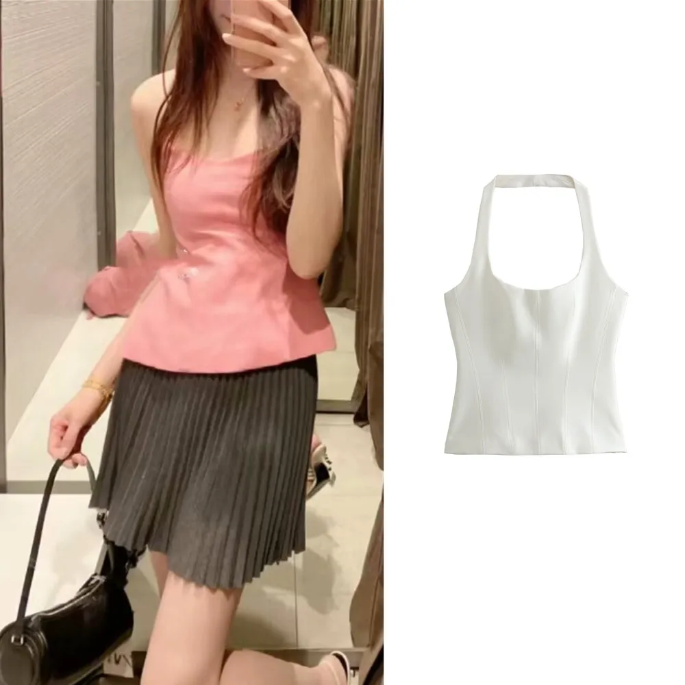 

PB&ZA Women's 2024 Summer New European and American Style Hot Girl Style Slim Fit Solid Color Halter Neck Slim Top 4661007