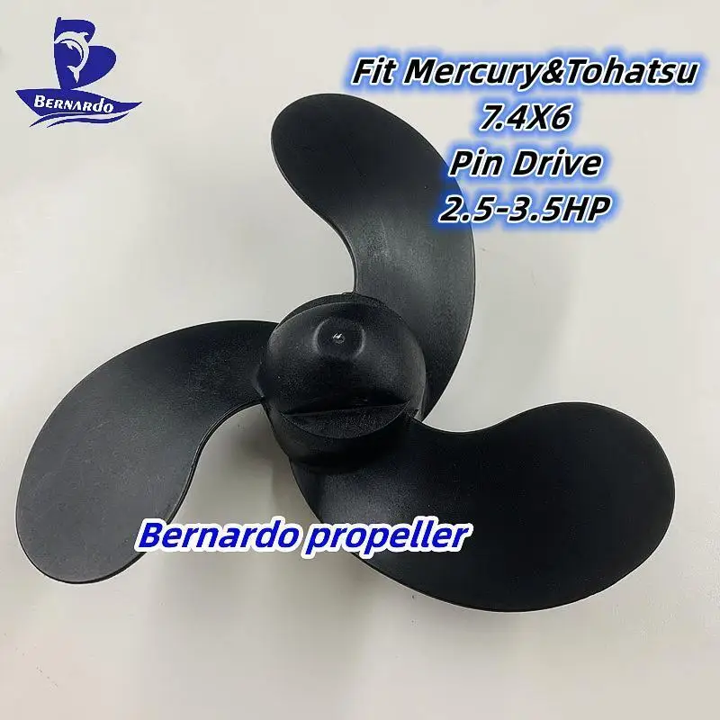 Bernardo Boat Propeller 7.4x6 Fit Mercury Tohtasu Mariner Outboard 2.5 3.3 3.5HP Resin Plastic Screw 3 Blade Pin Drive