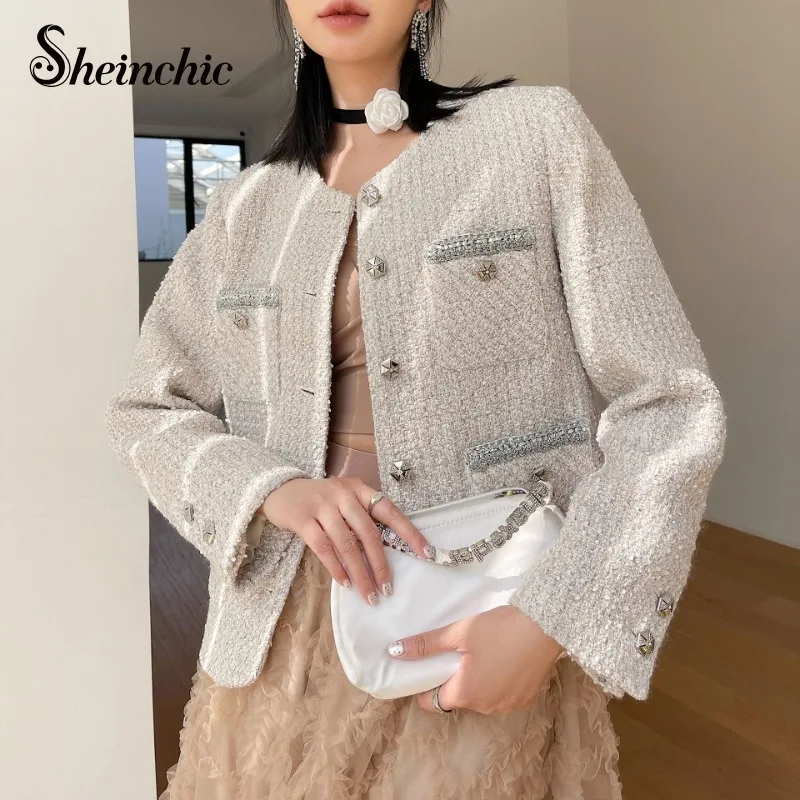 

Classical Tweed Winter Jacket Women 2023 Korean Fashion O-neck Luxury Beading Pocket Wool Coats Korean Chamarras Para Mujeres