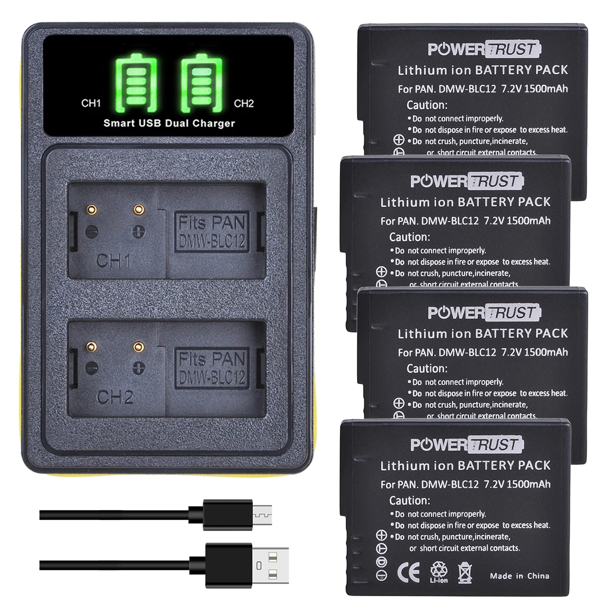Powertrust Dmw-Blc12 Dmw-Blc12E Batteria + Led Usb Dual Charger Per Panasonic Lumix Dmc-Fz200,Fz300,Fz1000,Fz2500,G5,G6,G7,Gx8