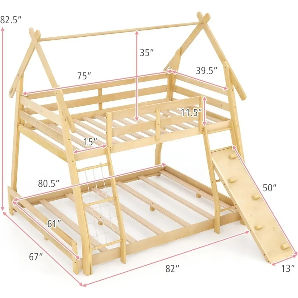 Wood Twin Over Queen House Bunk Bed, Playhouse Floor Low Bunk Bed with Climbing Nets & Ramp,Not Box Spring Required (Natural) 3