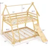 Wood Twin Over Queen House Bunk Bed, Playhouse Floor Low Bunk Bed with Climbing Nets & Ramp,Not Box Spring Required (Natural) 3