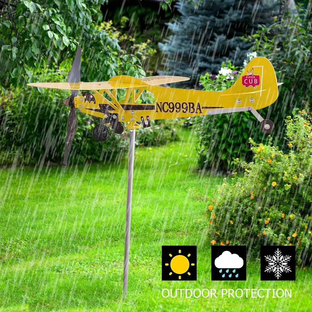 3D Garden Decor Piper J3 Cub Wind Spinner Plane Metal Airplane Weather Vane Outdoor Roof Wind Direction Indicator garden art decor wind spinner