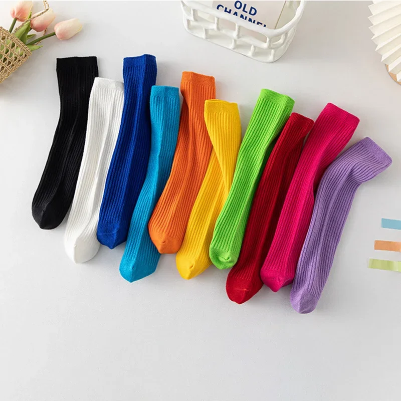Baby Knee High Long Sock for Kids Girls Korean Fashion Solid Color Calf Sock for Children Boys Girls Striped Cotton Stockings