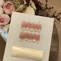 10Pcs Gradient Nude Pink False Nails with Diamond Press on Nails Almond Handmade French Cat Eye Fake Nails Blush Pink Nail Art