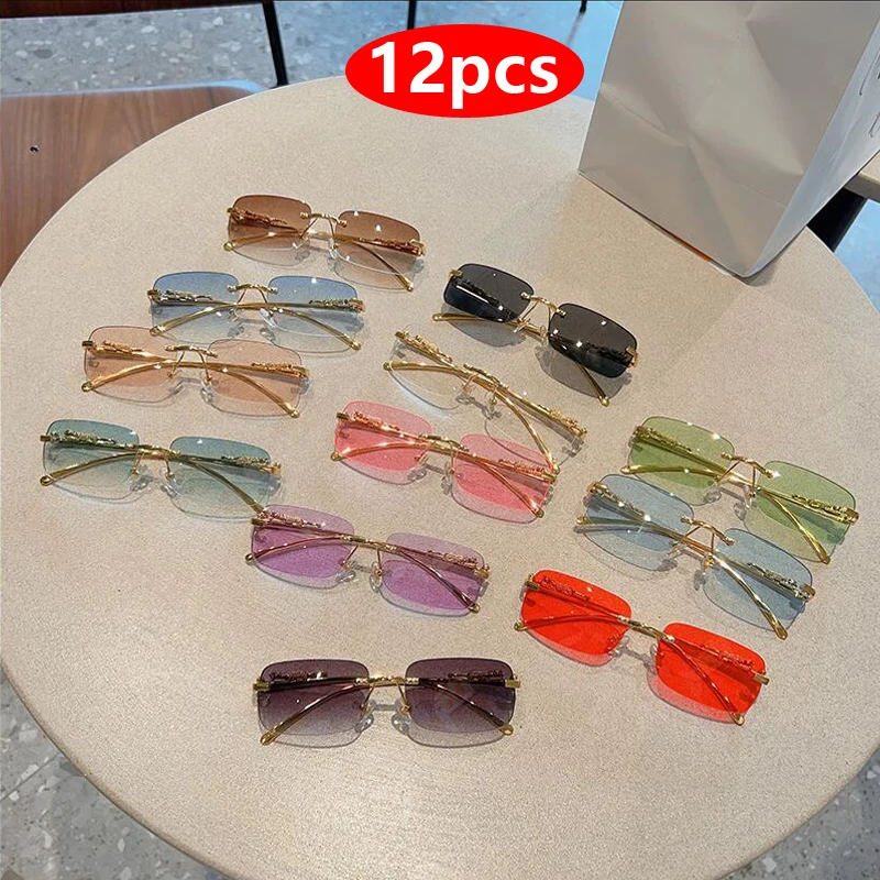 Lunettes de soleil rectangulaires sans monture 12 pièces - Style Y2K léopard unisexe UV400 pour pêche