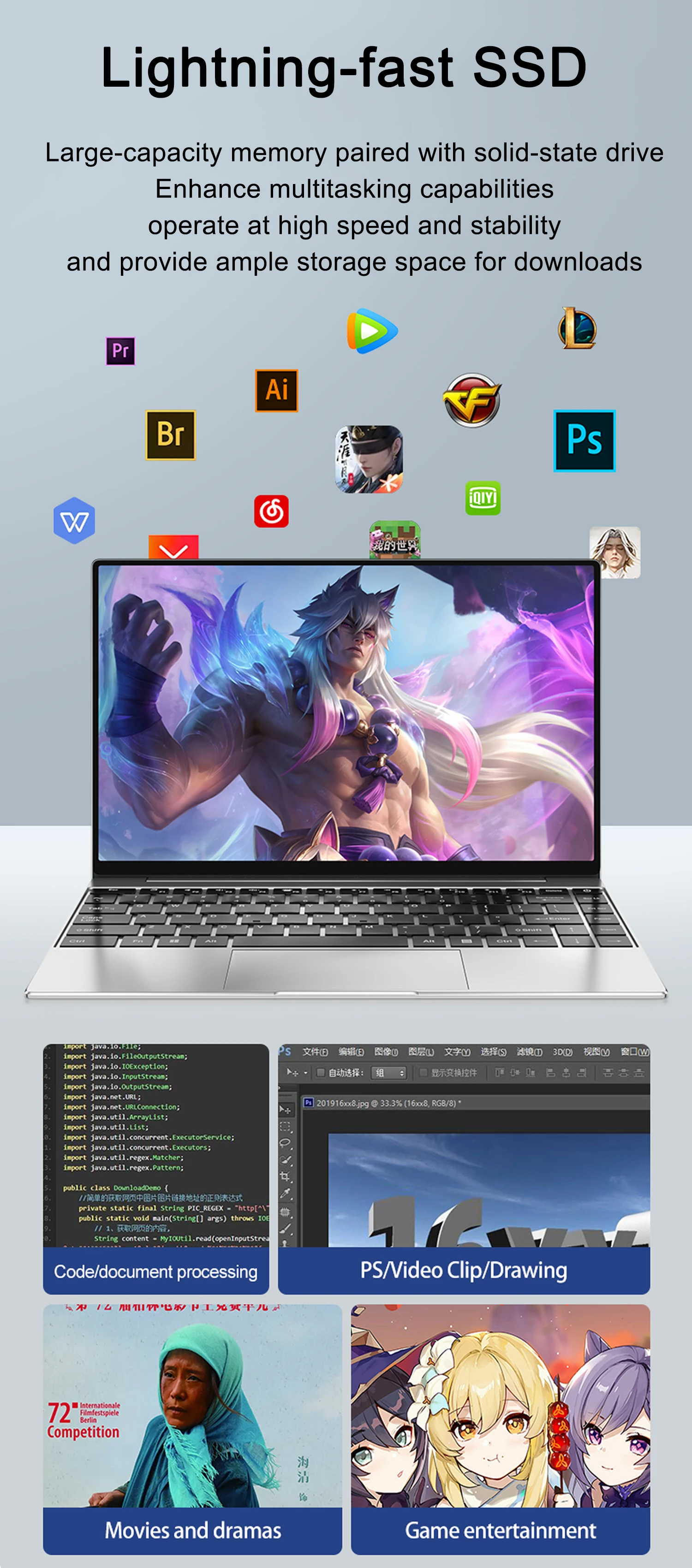 New Ultra Slim Laptop 14.1″ 16GB RAM 2TB SSD Intel 4405U Gaming PC 1920*1080 Display Office Study Computer PC Windows 11 Pro