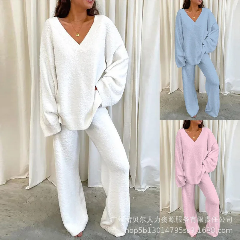 

Two Piece Suit Autumn Ladies Homewear Trousers Suit Solid Color Long Sleeve V Neck Top Wide Leg Pants Casual Loose Home Wear