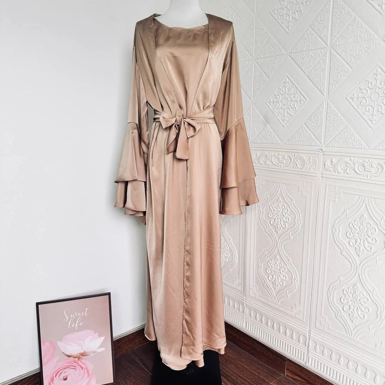 

2PCS Elegant Satin Shiny for Muslim Women Abaya Open Kimono Inner Maxi Dress Set Turkey Dubai Party Eid Ramadan Arab Robe Caftan