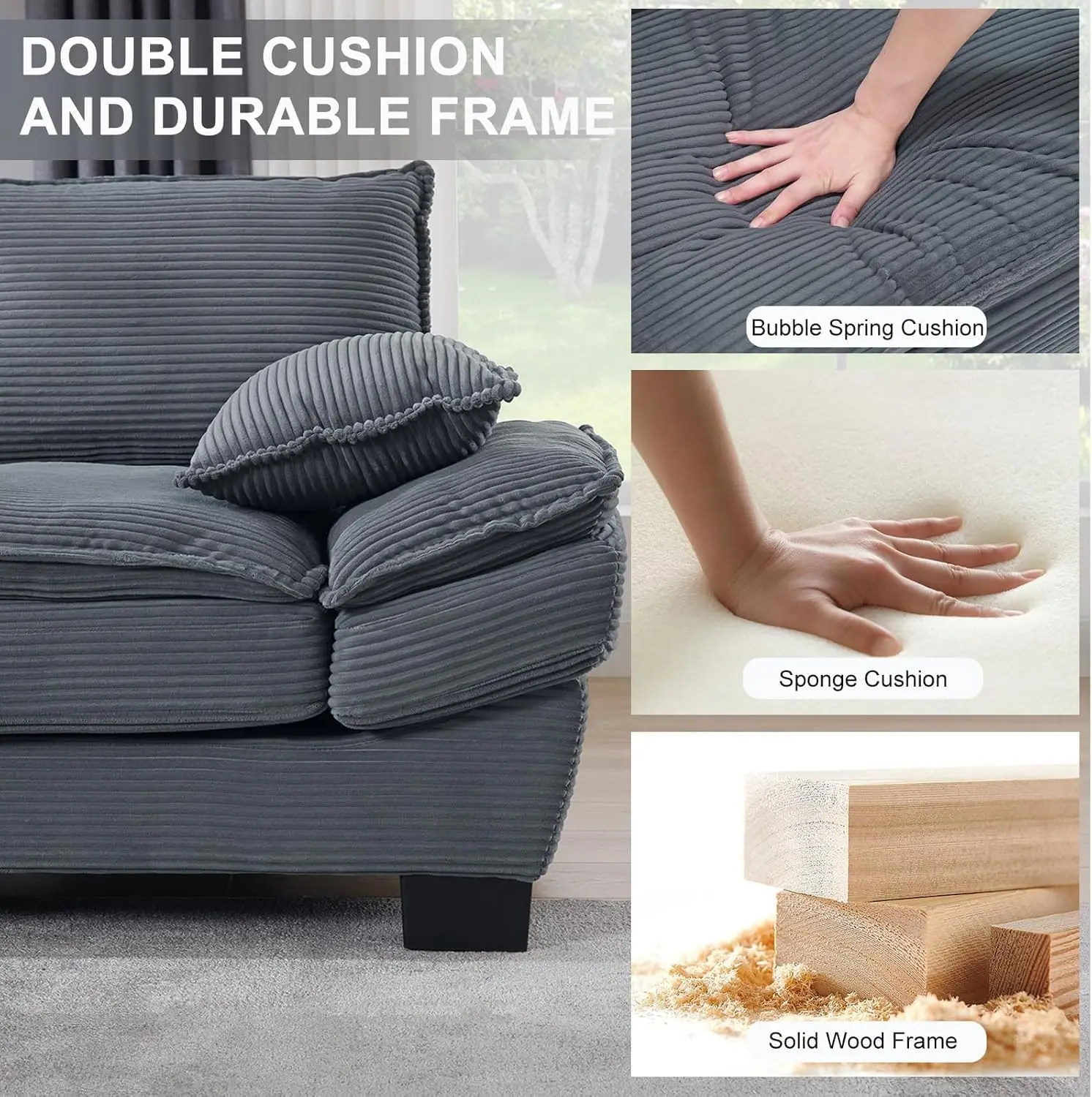 90" Oversized Loveseat Sofa Modern Corduroy Loveseat Couch Comfy Deep Seat Upholstered Sectional Sofa with Pillows