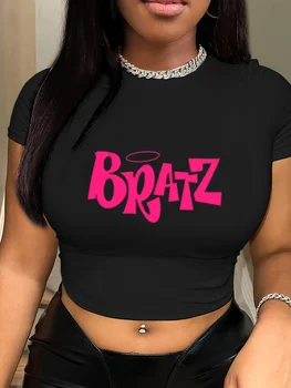 Womens cut T-shirt Y2k pink Bratz letter printed T-shirt O-neck tight short sleeved clothing fashionable women's top 1