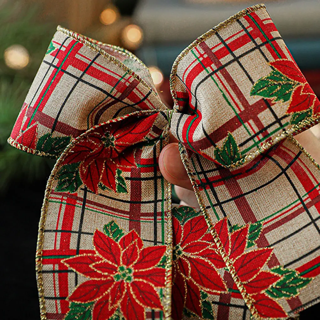 Christmas ribbon Ribbon decoration Ribbon supplies Craft ribbon Imitation hemp ribbon Wire edge Linen Christmas decoration Red and green Snowflake plaid 2M/Roll