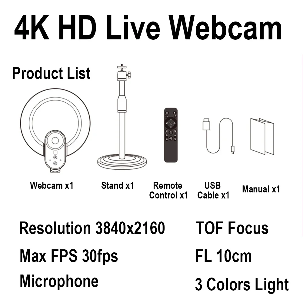 4K HD Webcam for Live Show USB Hub PC Laptop Game Worker Camera Remote Control Lamps LED 3 Levels Light Stand Base Outdoor Live