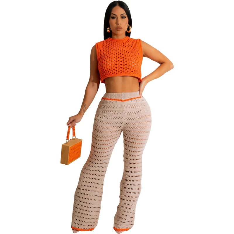 

Top And Pants Outfit Africa Clothing Two Piece Set Of Women's Fashion Knitted Hand Hook Outdoor Sport And Leisure Suit For Women