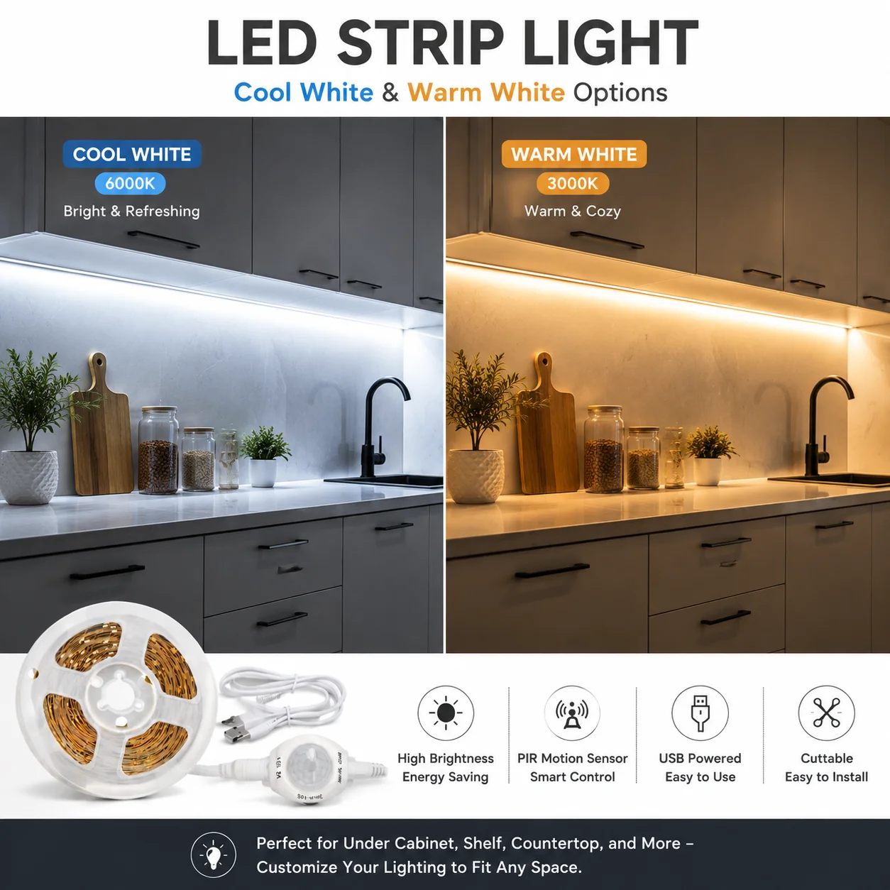 Versatile LED Strip Light with Motion Sensor - Warm & Cool White