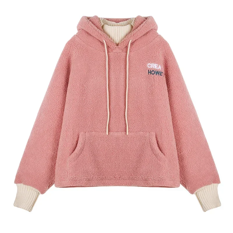 2024 Women Sweatshirt Spring Artificial Wool Hoodies Coats Warm Pullover Ladies Casual Winter Parka Outerwear Lamb Cashmere Tops