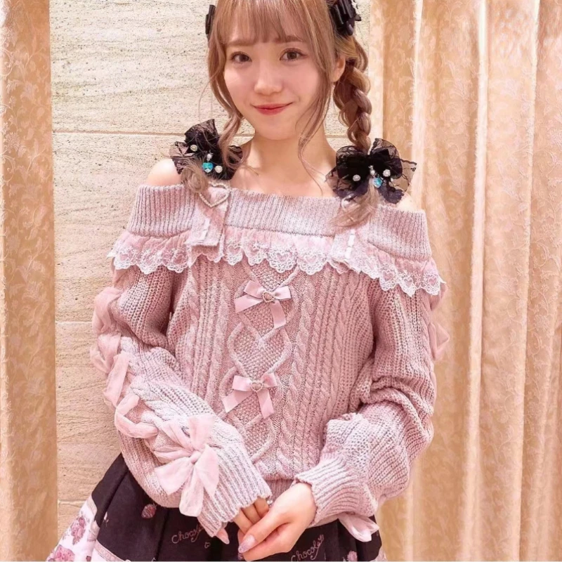 

Vintage Sweet Lolita Style Knitted Pullover Autumn Girls Cute Off Shoulder Lace Ruffles Bow Sweater Women Harajuku Knitwear Tops