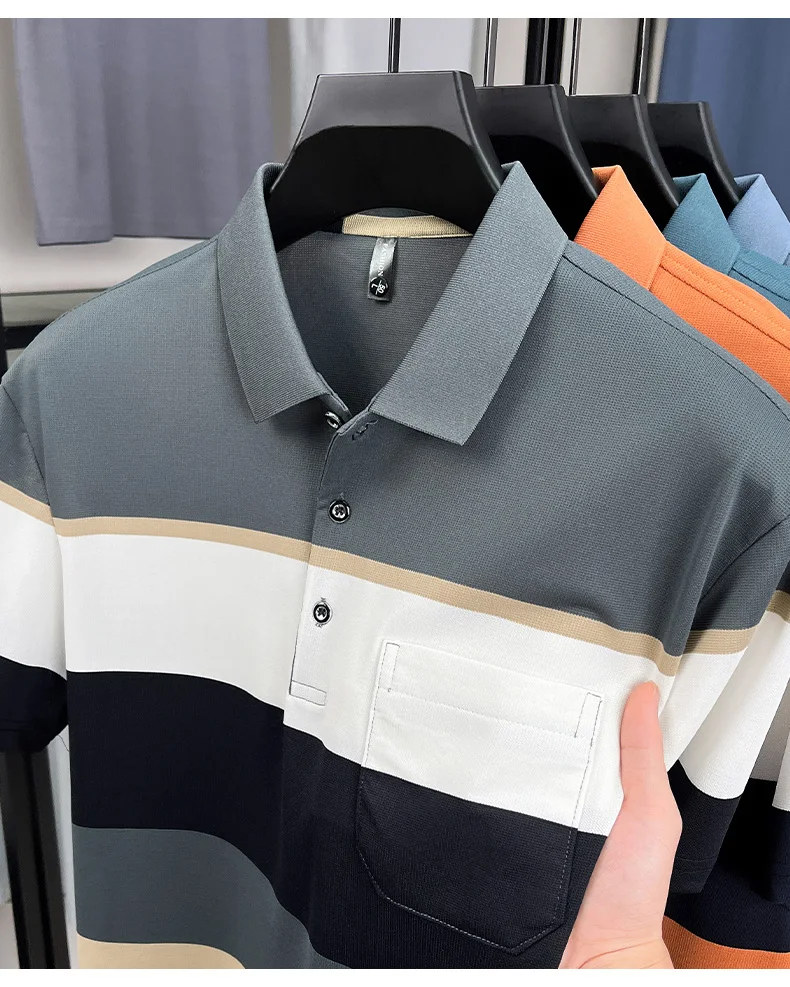 Quality trendy short sleeve polo shirt men fashion color blocked striped pocket design comfortable breathable summer T-shirt 24 S49a1c334ae0e476eba2ddd31ed0615572