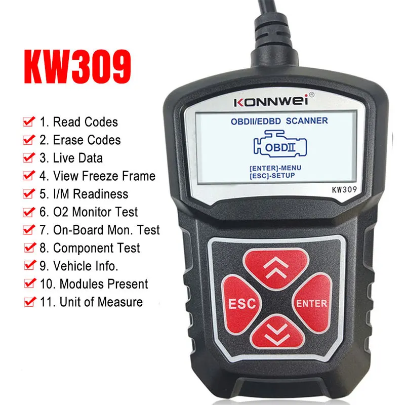 KW309 OBD2 сканер ELM327 считыватель кодов неисправности автомобильного двигателя для 12В EOBD ремонтные сканеры ELM-327 OBD Автомобильные диагностические инструменты