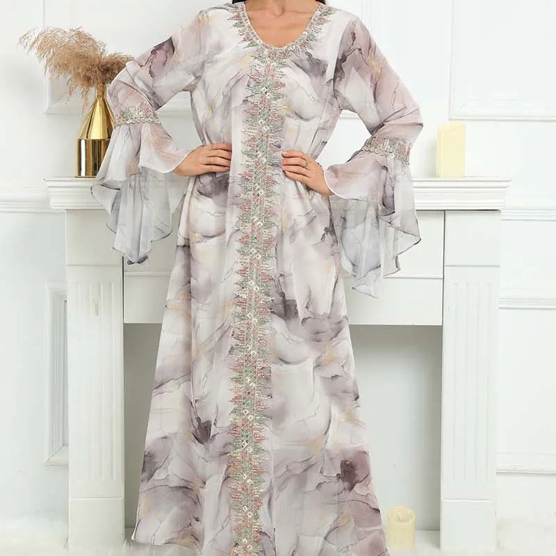 Fashion Party Evening Dress Women Gorgeous Floral Sequins Lace Muslim Abaya Fancy Robe Islamic Kaftan Long Flare Sleeve Gown