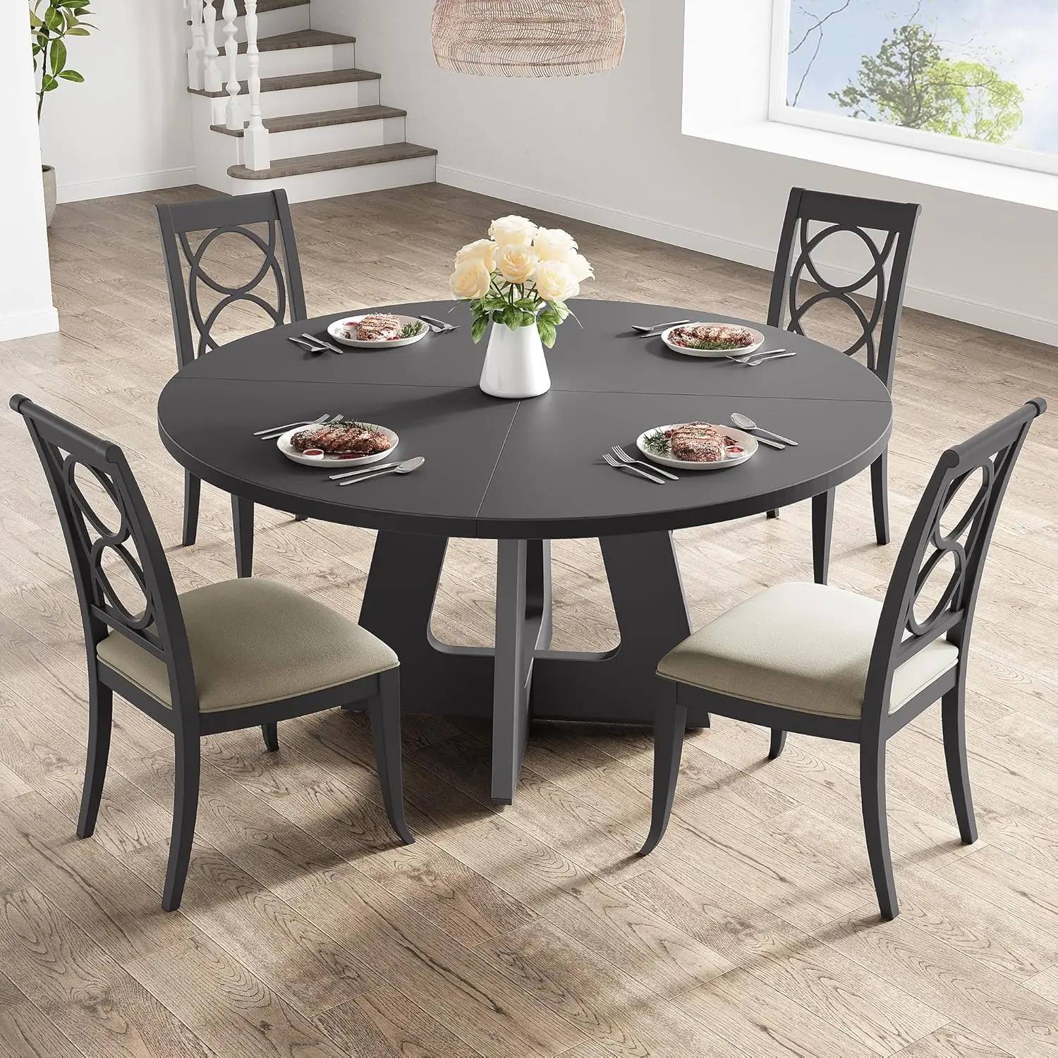 47-Inch Round Large Dining Table Set for 4 to 6, Farmhouse Dinner Table with Wooden Top and Legs (No Chairs)