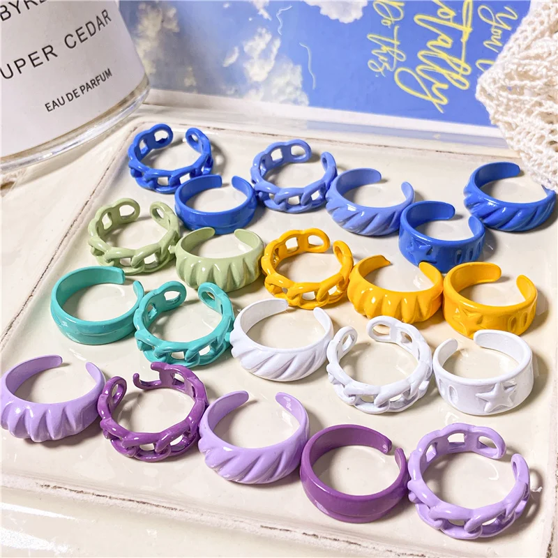 Colorful Ring Set Wholesale 2022 Summer Fashion Fruits Flowers Geometric Chain Candy Color Opening Rings Women Finger Jewelry
