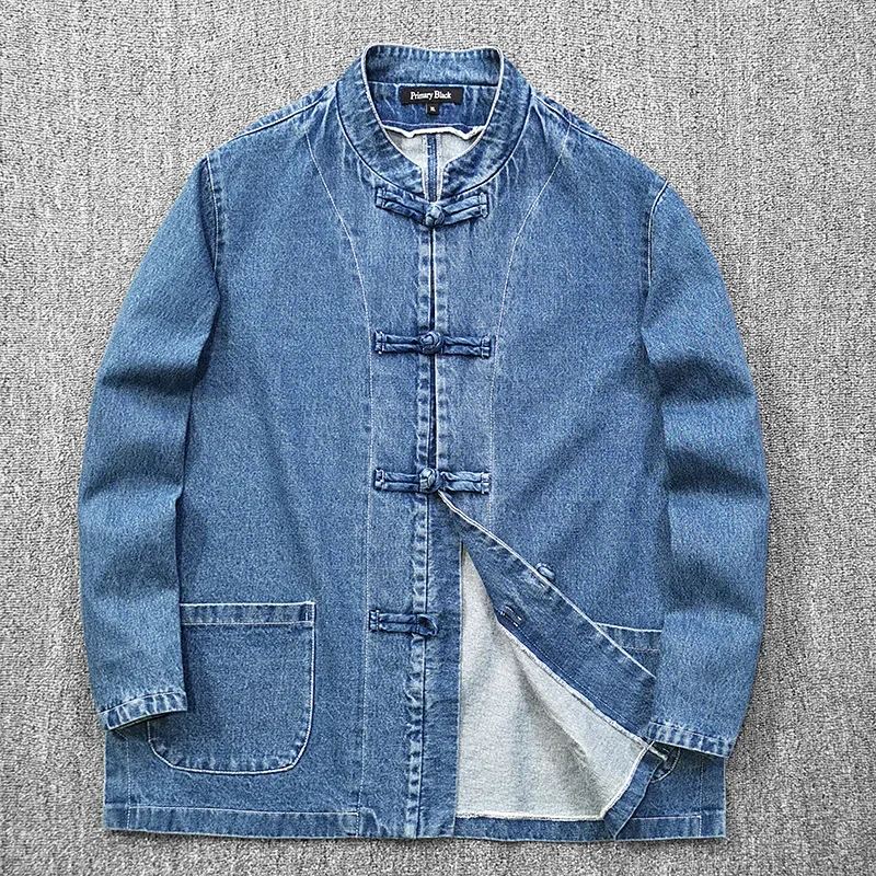 Handmade Button Fashion Washed Casual Men's Stand Collar Denim Jacket Versatile Outerwear Trendy Korean Style Shirt