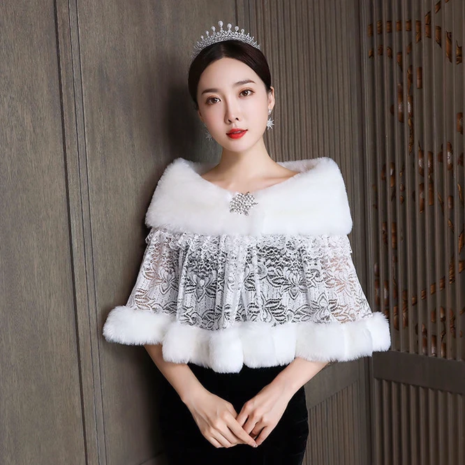 2021 Korean New Bridal Hair Shawl Wedding Warm Cloak Small Coat Wedding Bridesmaid Women's Cloak Imitation Fur Lace Drill