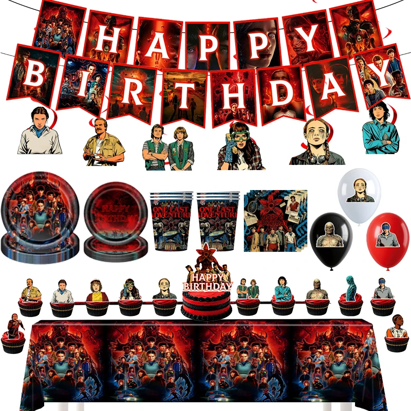 Horror Movie Demogorgon&Flower Kids Birthday Party Decoration Disposable Tableware Tablecloth Balloon Flag Party Supplies