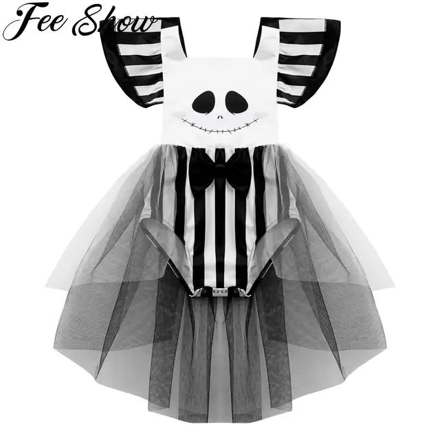 Infant Baby Girls Ghost Costume Flutter Sleeves Skull Face Printed Mesh Romper Dress for Halloween Party Cosplay Party Clothes