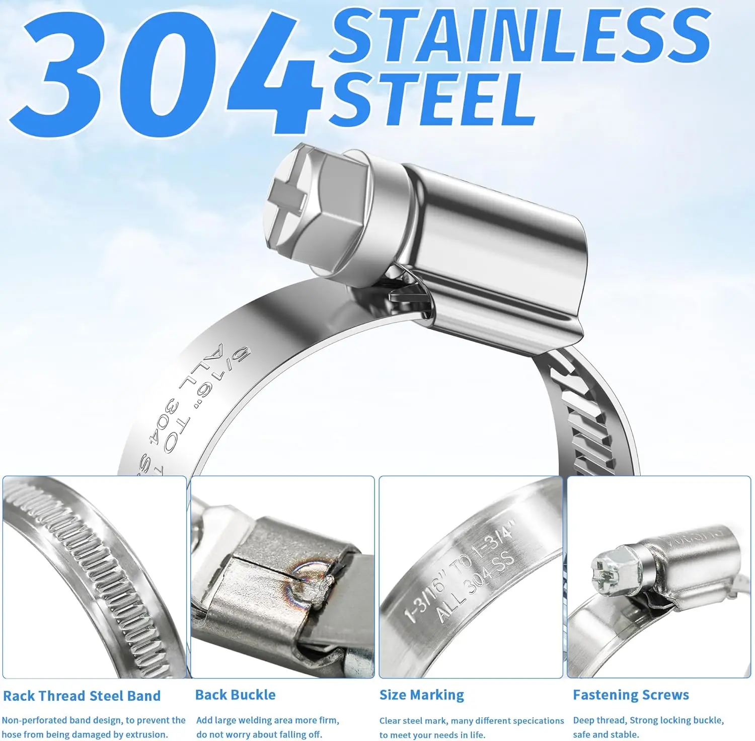 Hose Clamps 304 Stainless Steel 8-70mm Adjustable