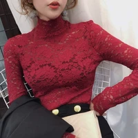 Chemise à manches pétales en dentelle florale extensible pour femmes, t-shirt à manches longues S-3XL pour dames, chemisier en Perspective, hauts Sexy en dentelle, vêtements 4