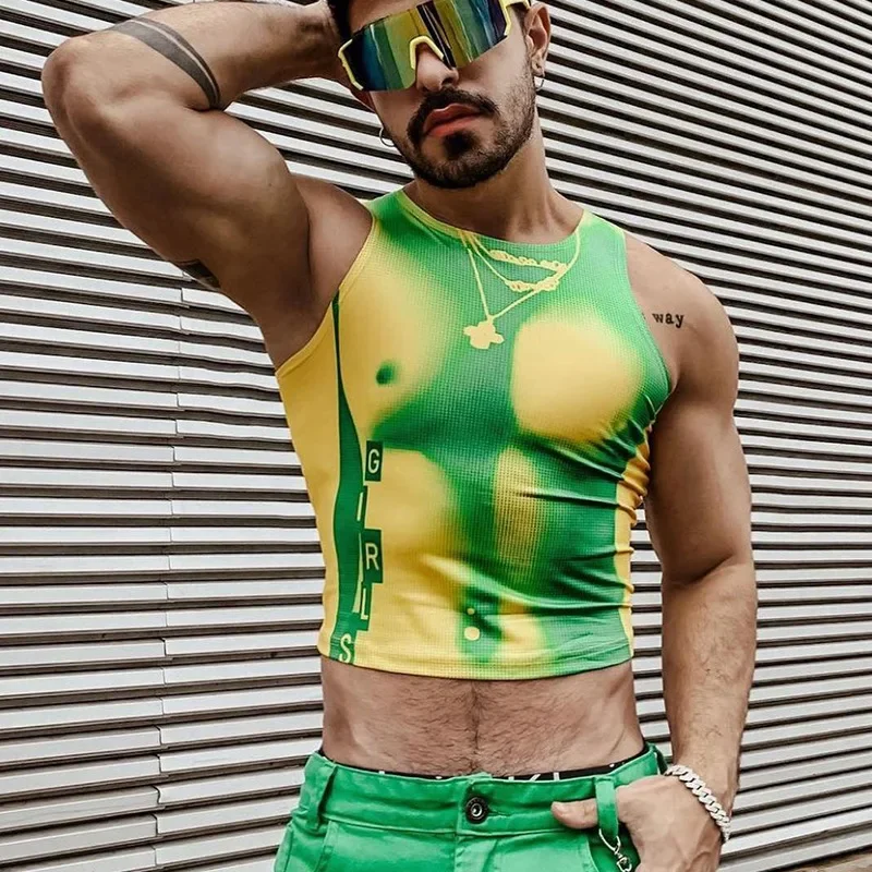 

Sexy Nightclub Tank Tops Men Elastic Slim Sleeveless Straps Crop Tops Mens Fashion Streetwear Camisole Y2K Print Basic Tops Vest