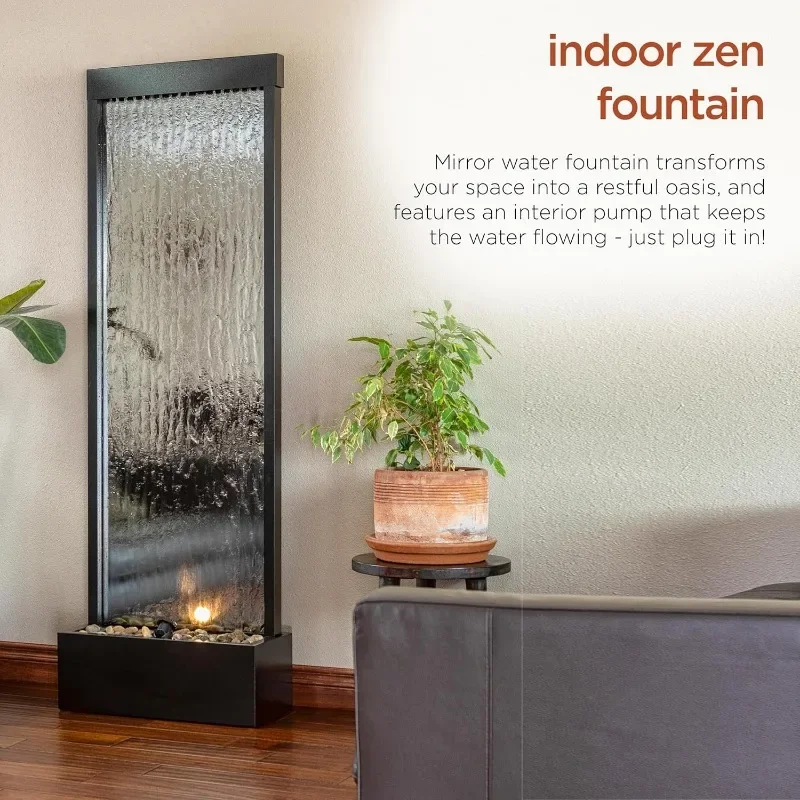 Fast Shipping.home.Mirror Waterfall Fountain with Stones and Lights -Outdoor Decor for Office, Living Room, Patio, Entryway - 72 4