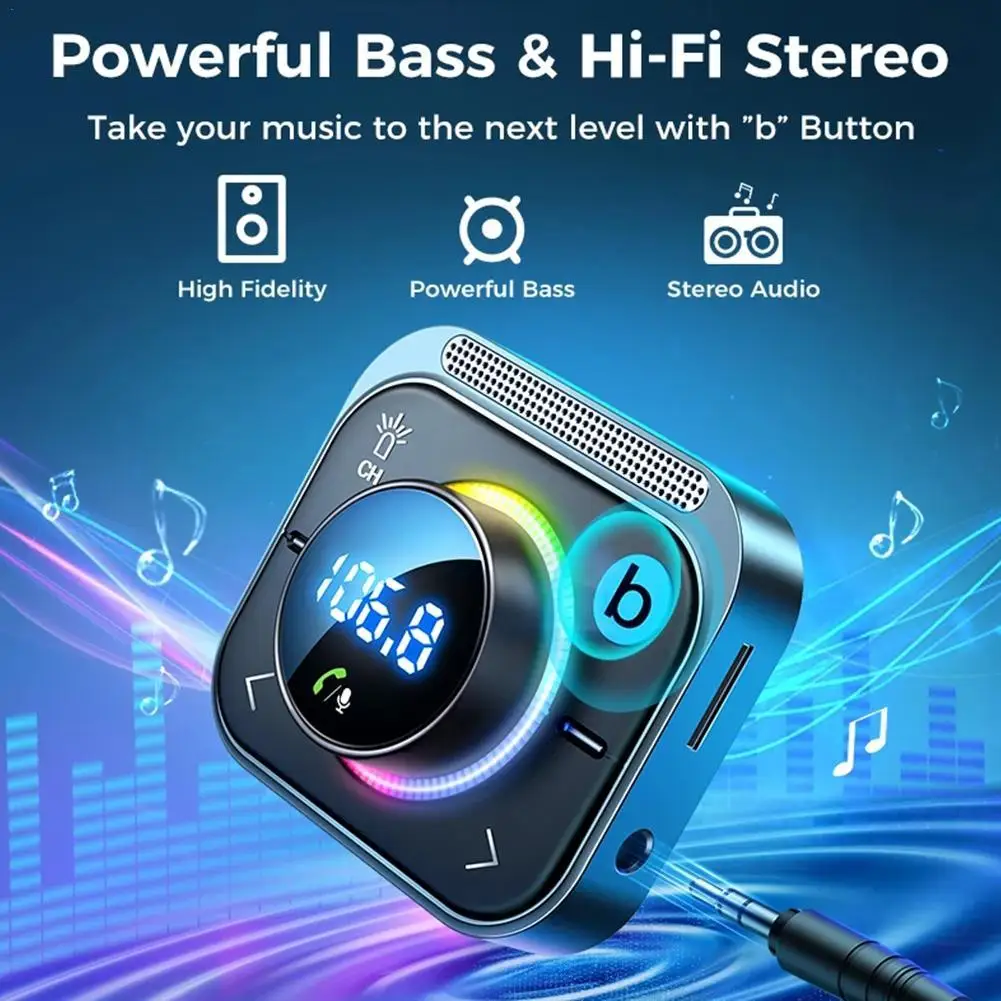 

Bluetooth FM Modulator Car MP3 Player TF Card/U Disk Dual USB Type-C Fast Charger RGB Lights Wireless Transmitter Car Kit