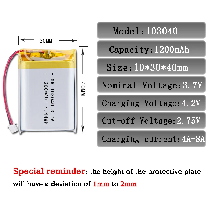 Rechargeable Lithium Batteries 3.7V 1200mAh 103040 For PS4 Humidifier GPS Navigation Device Intelligent Wearable Locator
