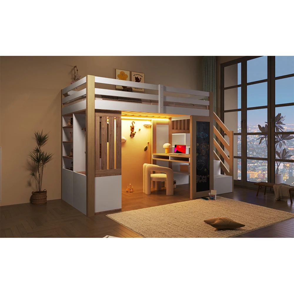 90*200cm Kinderbett mit Schreibtisch, Regalen und Kleiderschrank, Leiter, integrierte LED-Beleuchtung – Multifunktionsbett ohne Matratze – Detail 20