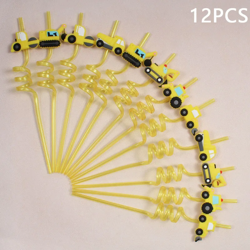 Deluxe Construction Vehicle-Themed Reusable Straw Set - Perfect for Parties & Gatherings, 12-Piece Collection