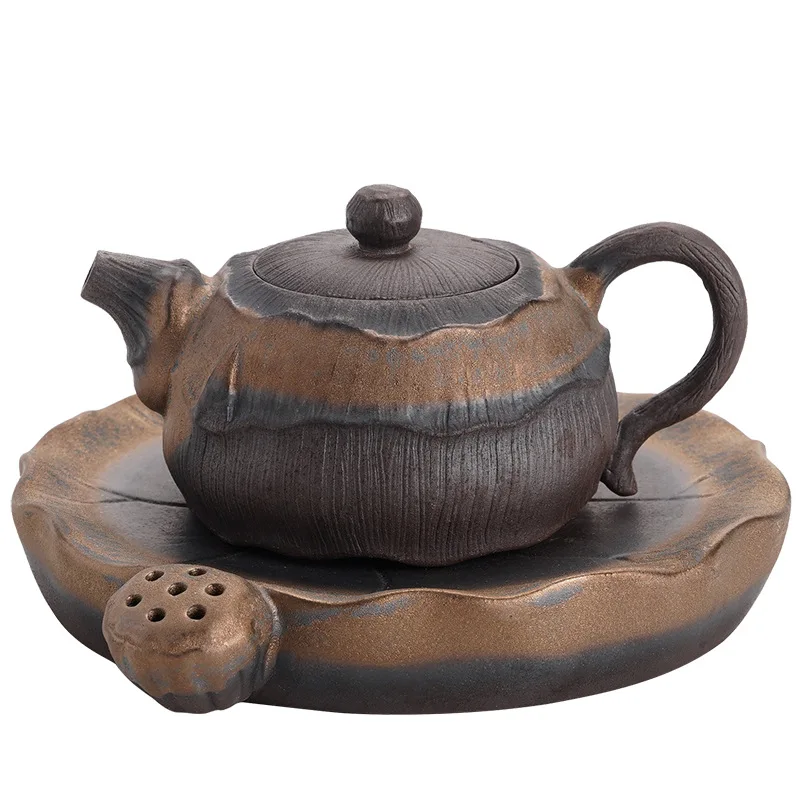 Vintage Lotus Teapot Handmade Rough Pottery Teaware Ceramic Vintage Kung Fu Tea Infusion Tea Making Utensils Tool Tea Kettle Pot