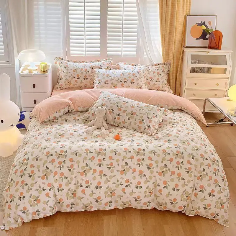 Cute Pink Strawberry Duvet Cover Flat Sheet Pillowcase Floral Bedding Set Girls Bed Linen Soft Thick Washed Cotton Bedclothes 5