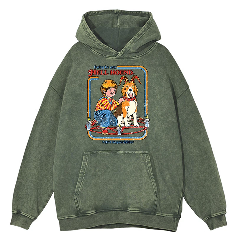 thumbnail image 1 of Sudadera con capucha retro desgastada con lavado Garing For Your Hell Hound para hombre, 100 % algodón, estilo hip hop, ropa de calle, jersey de gran tamaño, 1 of 5