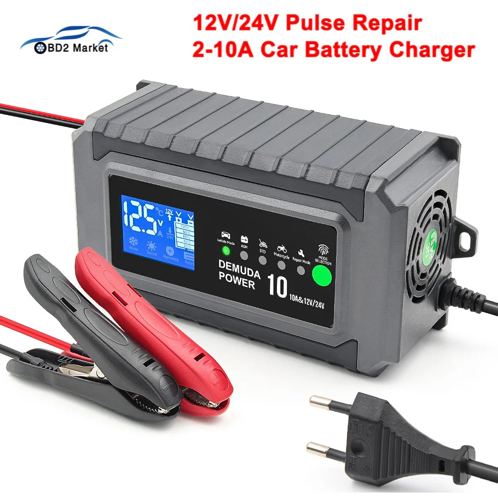 12V/24V 10A Car Battery Charger Fast Charge Auto Pulse Repair For Car Motorcycle Lead-acid Lithium LCD Display Battery Tester