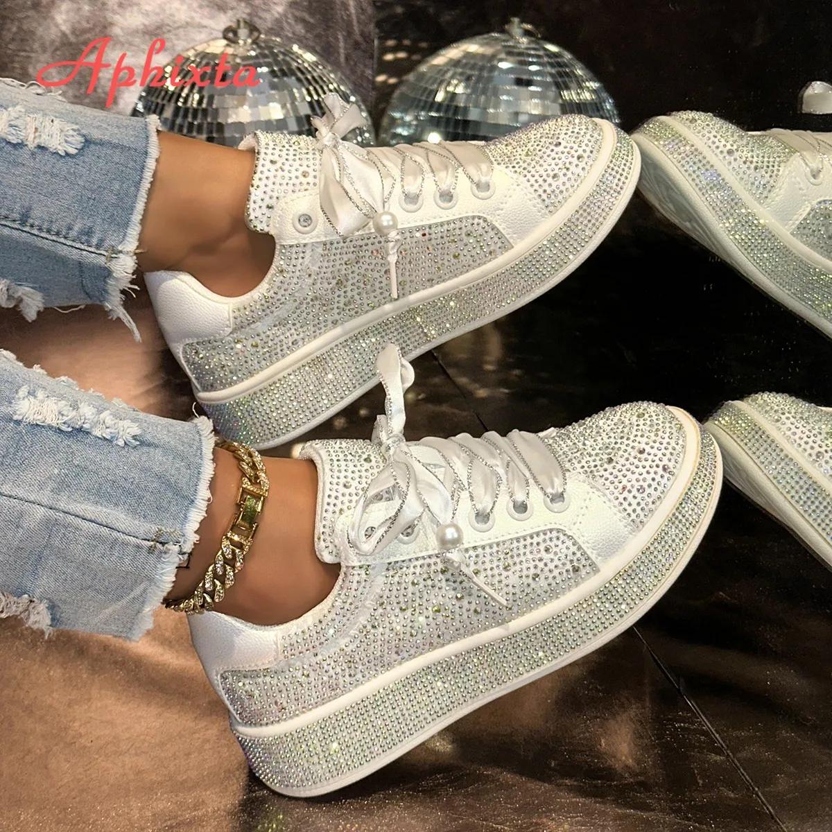 Aphixta Sequined Cloth 3.5cm Platform Custom Casual Shoes Luxury Crystal High Quality Woman Shoes Fashion Ladies Footwear Size43