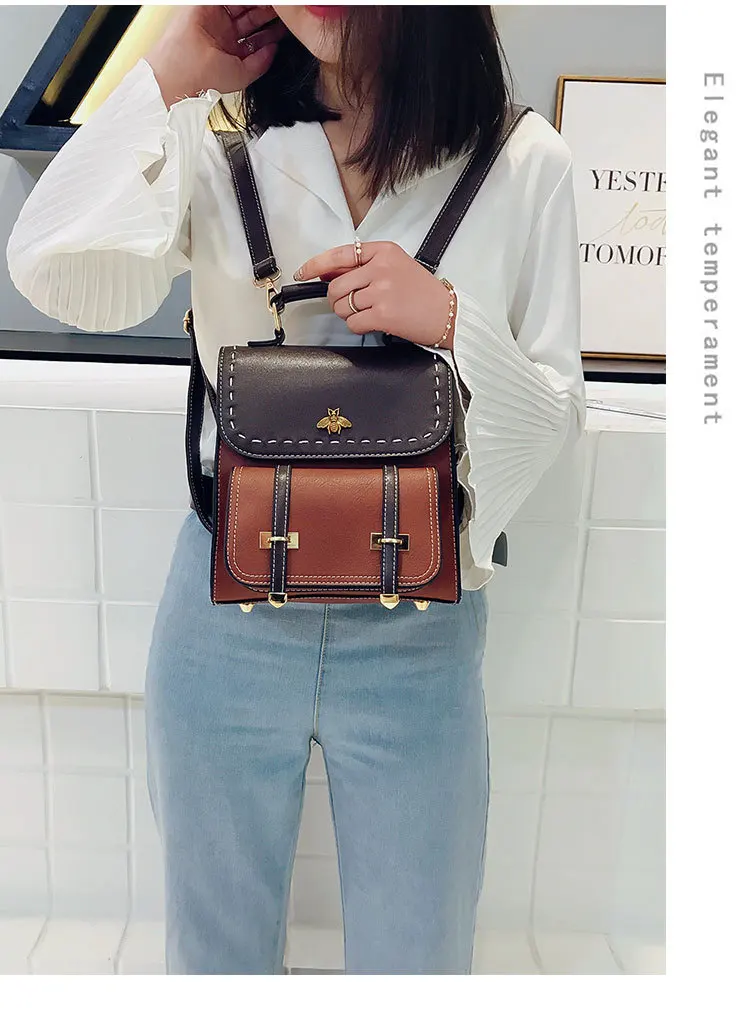 Women Backpack Luxury Bee Vintage Leather Preppy Female Backpack Handbag School College Backpack Travel Bag Shopping Bag mochila stylish backpacks for kid