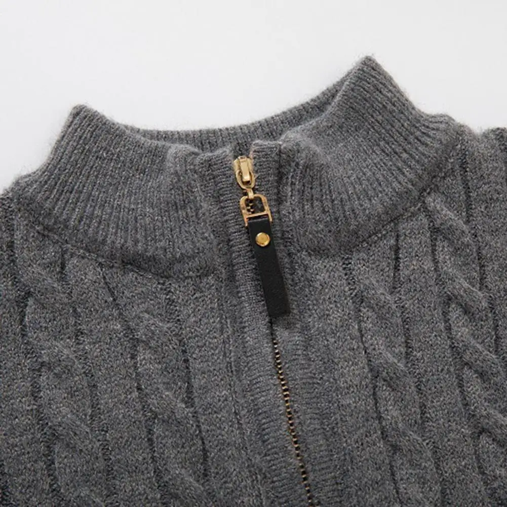 Description Picture 4 of itemMen Knitted Sweater Men's Thick Knitted Zipper Sweater with Half-high Collar Twist Texture Slim Fit Elastic Warm Winter Fall