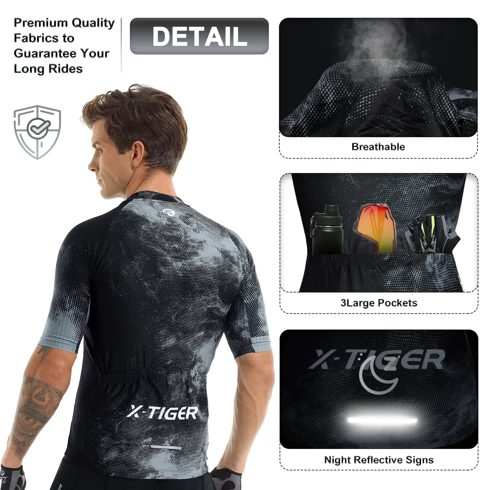 Ｘ-TIGER Cycling Jersey Men Short Sleeve Cycling Fit Lightweight Fabric Simple Chinese Style Cycling Shirt with 4 Back Pockets 3