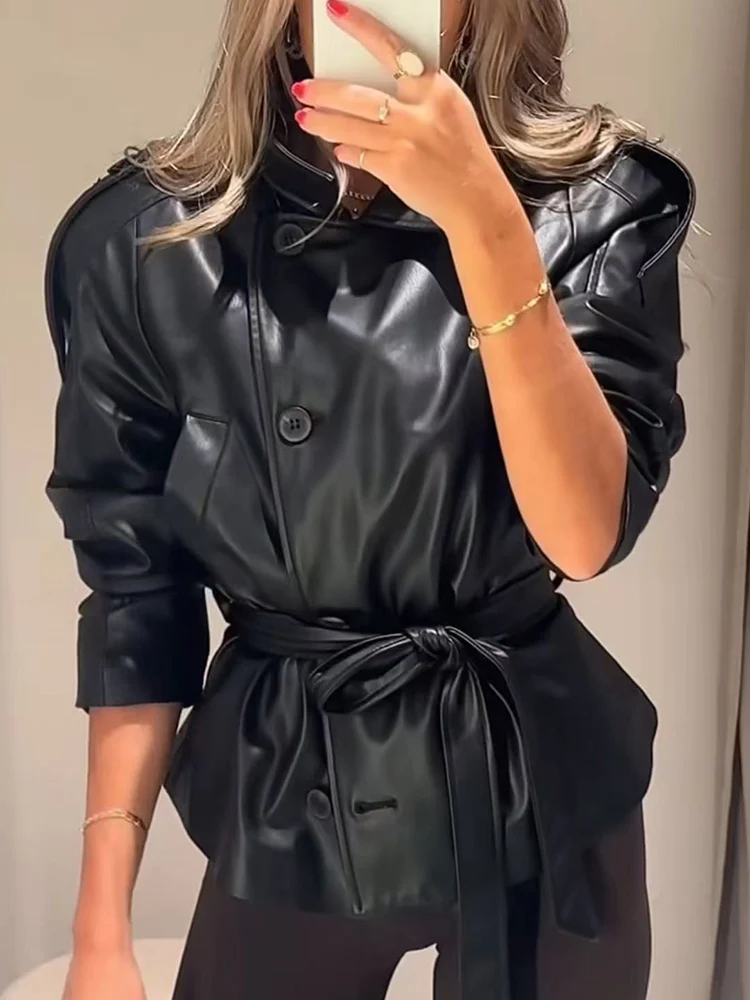 Women's Faux Leather Short Jacket Coat New Fall 2025 Solid Long-Sleeved Pu Leather Jacket With Pocket Vintage Belt Casual Jacket