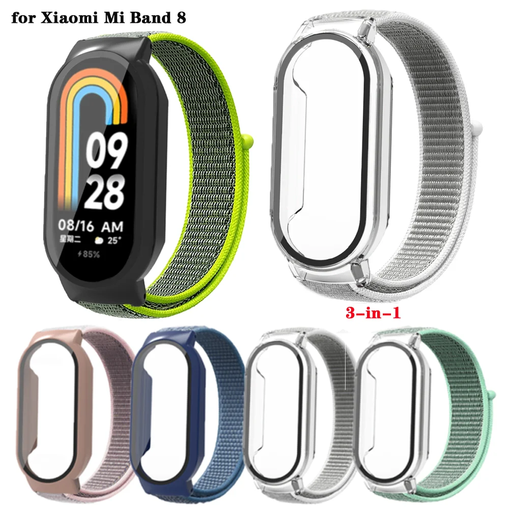 

For mi band 8 PC+tempered film protective case 3-in-1 integrated nylon loop strap for xiaomi band 8 / 8NFC smartwatch Bracelet