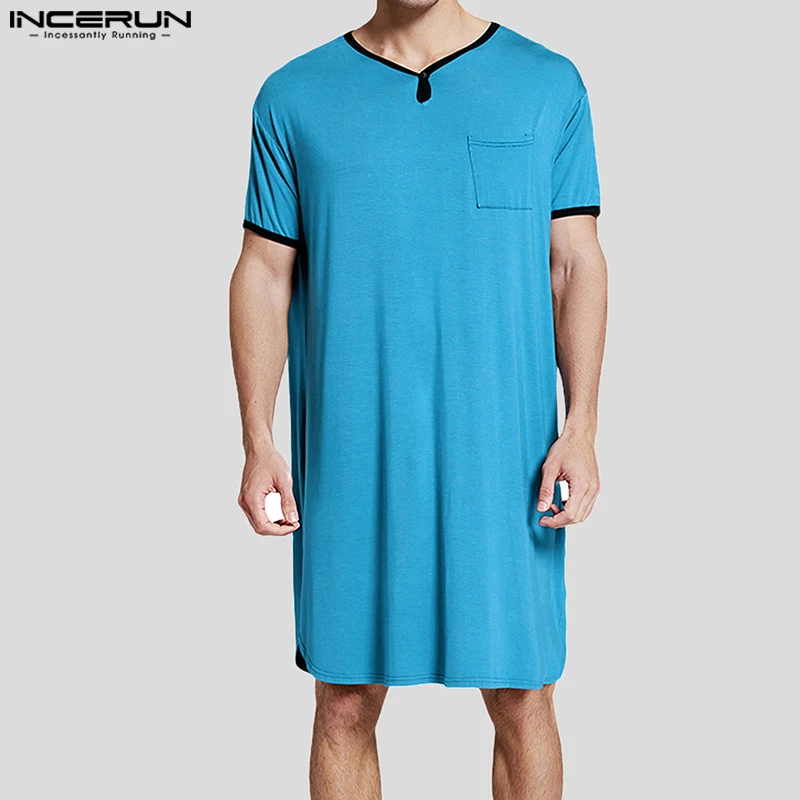 

2024 Men Robes Pajamas Patchwork Loose V Neck Short Sleeve Homewear Men Leisure Breathable Cozy Male Loungewear S-3XL INCERUN